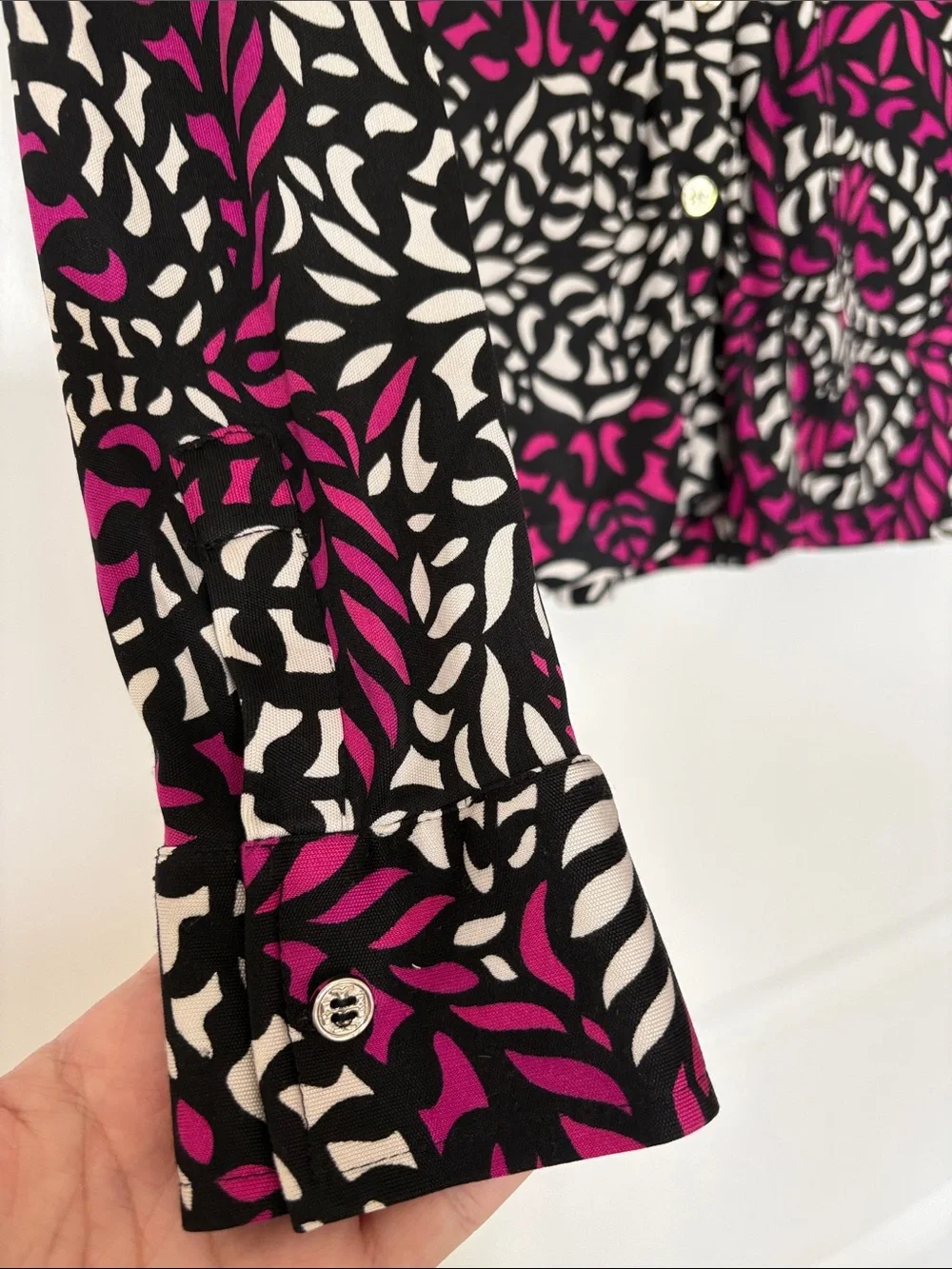 Tory Burch Black, White & Magenta Printed Button-Down Silk Shirt